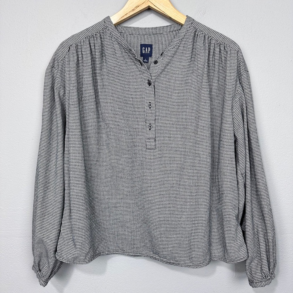 GAP Henley Blouse Womens Size L Black Houndstooth Flannel Long Sleeve Boxy Top